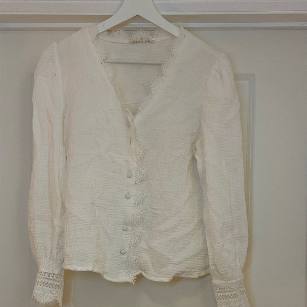 Elegant Cream Button-Up Blouse with Lace Trim